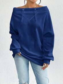 SHEIN Privé Của phụ nữ Màu thuần Một  vai Thiết kế Dây rút Tay áo dài Áo nỉ - Màu xanh lam - Xem 3