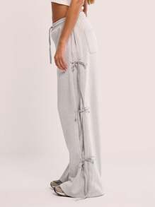 MUSERA 蝴蝶结侧系带裤 优雅夏季性感可爱休闲 - 灰色 - 查看 3