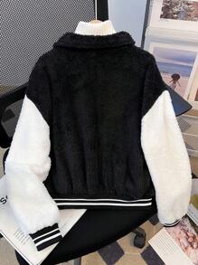 SHEIN Tween Girl Reversible Fleece Classic Black & White Color Block Collar Numeric & Letter 3D Embroidery Fashion Versatile Jacket, Autumn/Winter - Black - View 2