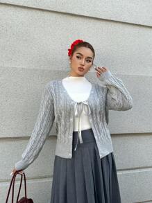 Flirla Plus Size Floral Gray Cute Embroidered Bowknot Knitted Cardigan Fall Cloth For Women