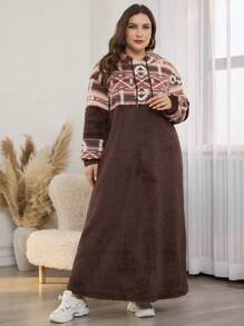 Lacomfia 大码毛绒拼布长袖休闲套头衫，常规版型，秋冬 - 彩色 - 查看 1