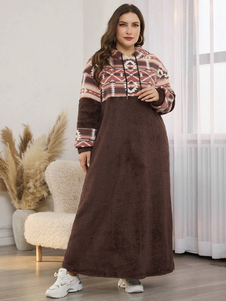 Lacomfia 大码毛绒拼布长袖休闲套头衫，常规版型，秋冬 - 彩色 - 查看 1