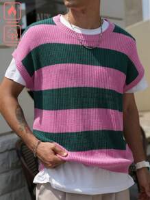 Manfinity Hypemode Men Striped Crew Neck Casual Loose Knitted Sweater Vest, Autumn&Winter