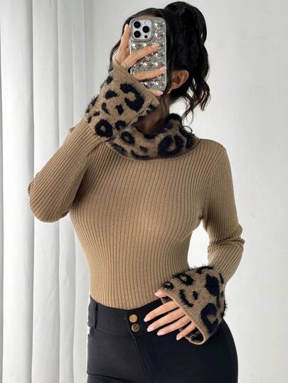 Selianne Autumn/Winter European Style Brown Contrast Leopard Fluffy Turtleneck Fitted Thick Sweater Pullover, Suitable For Outdoor Gathering, Casual Street,Long Sleeve Tops, Knit Pullover Fall