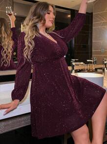 SHEIN Clasi Elegantes plissiertes Kleid mit Glitzereffekt und Laternenärmeln in Großen Größen, Herbst-Burgunderrot Damenoutfit - Bordeaux - Übersicht 5