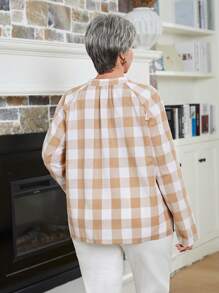 EMERY ROSE 大码女士冬季服装 V 领长袖格子休闲衬衫，日常穿着