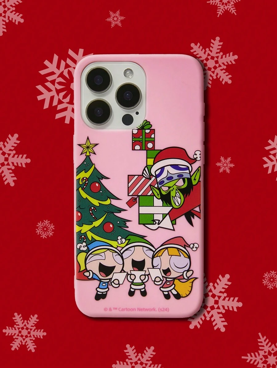 THE POWERPUFF GIRLS X SHEIN Christmas Cartoon Pattern Pink Cellphone Case,Compatible With Iphone