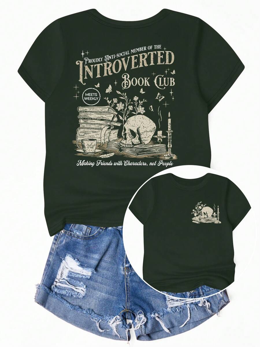 SHEIN Unity Áo thun in hình đầu lâu cổ điển cho nữ, in kỹ thuật số thoải mái, áo phông họa tiết cho nữ - màu xanh lá - Xem 1