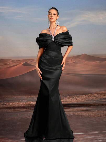 Glamrae Elegant Purple Beads Necklace, Oversized Bow Off-Shoulder Strapless Gown With High Waist Mermaid Hem, Formal Evening Dress For Wedding, Party, Black Dress, For Wedding Guest