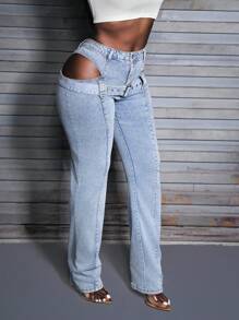 SHEIN Slayr Jeans rectos de cintura regular de moda casual para mujer, para primavera/otoño