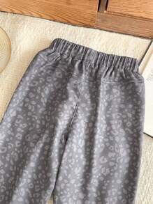 SHEIN 年轻女孩优雅豹纹宽松阔腿裤，法式风格，灰色，适合圣诞节，秋冬季 - 鏽棕色 - 查看 4