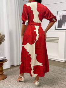 Calvaya Vestido de mujer tipo camisa de largo maxi con botones frontales, cintura con lazo y estampado floral