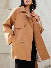 EMERY ROSE 1pc Women Lapel Collar Loose Cinched Waist Pocket Overcoat Fall Cloth For Women - Camel - View 3