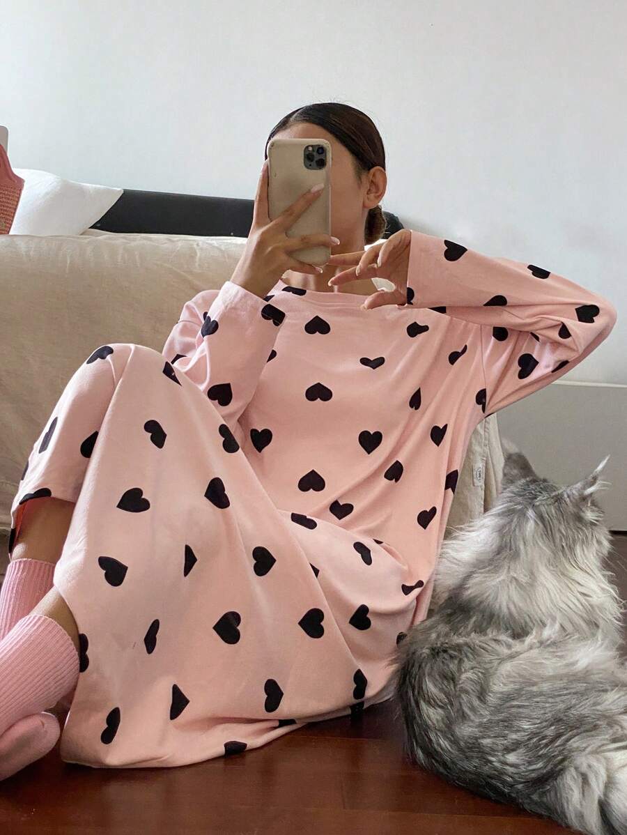 DAZY Plush Fleece Heart Pattern Allover Print Loose Sleep Dress, Autumn/Winter, For Fall Winter , Fluffy Cozy, Moo Moo Night Dress - Pink - View 1