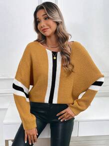 SHEIN Unity 女士休闲日常撞色V领宽松针织毛衣，秋冬季，针织套头衫 - 駝色 - 查看 3