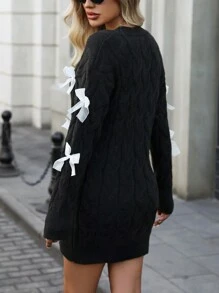 Chiquease 女士蝴蝶结装饰简约休闲针织毛衣，长袖 - 黑色 - 查看 2