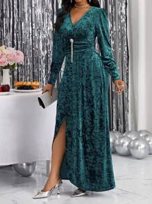 SHEIN Lady Women Fall Elegant V-Neck Ruched Waist Split Hem Dress - Teal Blue - View 4