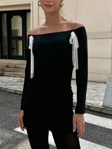 SHEIN Unity 1pc Women Casual Off Shoulder Lace Ribbon Decor T-Shirt, Autumn - Black - View 4