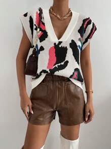 Chiquease Áo len dệt kim cổ chữ V họa tiết đơn giản cho nữ cỡ lớn - Nhiều màu - Xem 6