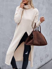 Chiquease Women High Neck Drop Shoulder Long Sleeve High Slit Loose Sweater, Autumn/Winter Knit Pullover Fall Outfit