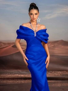 Glamrae 紫色优雅长款蝴蝶结露肩镂空连衣裙，搭配串珠颈链，高腰修身鱼尾下摆，适合正式派对婚礼活动、晚礼服、婚礼宾客、毕业典礼、晚宴、礼服 - 寶藍色 - 查看 2