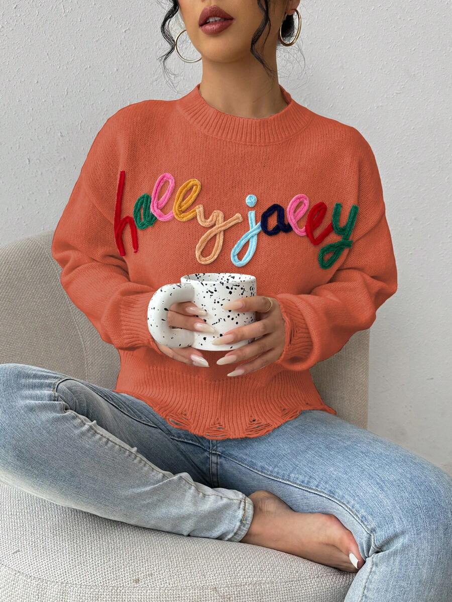 SHEIN Unity Women Letter Pattern Drop Shoulder Long Sleeve Loose Casual Sweater, Autumn/Winter Knit Pullover Fall - Orange - View 1