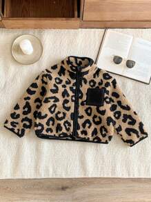 Blossori 年轻男孩复古时尚棕色和黑色豹纹保暖立领长袖外套，圣诞季