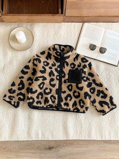 Blossori 年轻男孩复古时尚棕色和黑色豹纹保暖立领长袖外套，圣诞季