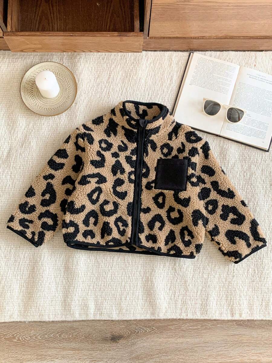 Blossori 年轻男孩复古时尚棕色和黑色豹纹保暖立领长袖外套，圣诞季