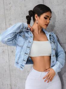 SHEIN PETITE Light Blue Distressed Puff Sleeve Fitted Short Denim Jacket - Light Wash - View 1