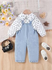 2pcs Baby Girls Spring/Autumn Cute Print Lapel Blouse And Washed Bib Long Pants Set, Suitable For Casual Home Wear And Outdoor Play - White - View 2