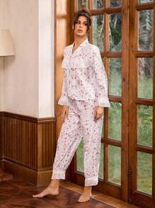 Oxana Conjunto de pijama de mujer diseñador de top de manga larga con encaje de flores blancas y pantalones, para vacaciones, primavera y verano, salir
