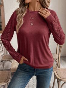 EMERY ROSE 女式纯色圆领长袖简约卫衣，休闲日常穿着，秋冬季长袖上衣 - 酒紅色 - 查看 5