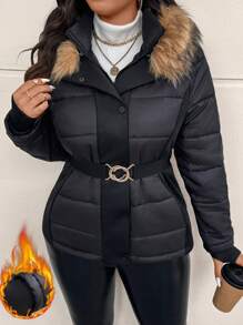 SHEIN Frenchy Abrigo acolchado de talla grande negro para invierno, casual y sencillo, con cuello y cinturón desmontables, con bolsillos, cálido y a prueba de viento, forrado térmico