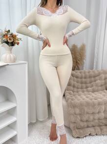 Conjunto de ropa interior térmica para mujer de escote en V slim con patchwork de encaje