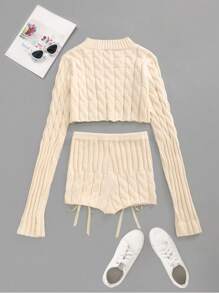 SHEIN Unity 2pcs Women Spring Autumn Round Neck Long Sleeve Cropped Sweater And Bow Decoration Knitted Shorts Casual Outfit - Apricot - View 2
