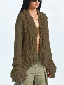 Women's Solid Color Fringe Decor Long Sleeve Simple Stylish Sexy Cardigan - Coffee Brown - View 3