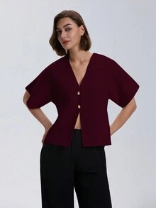 Women's Solid Front Button Casual Drop Shoulder Knit Sweater,Short Sleeve Tops - Burgundy - View 7