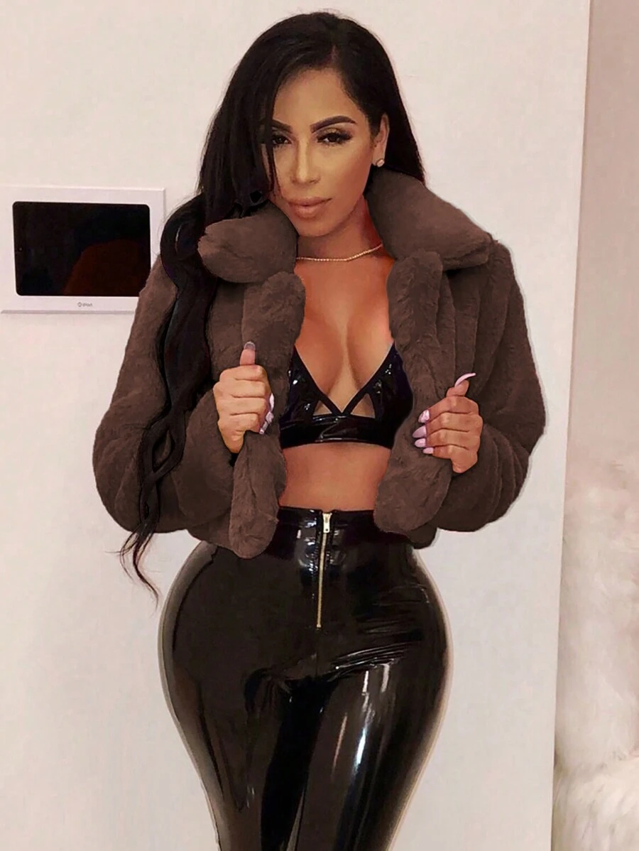 Áo khoác lông thú giả dáng rộng màu trơn cắt ngắn, mùa thu/đông - Cà phê nâu - Xem 1