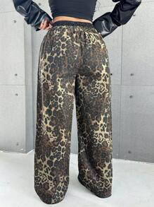 SHEIN ICON Plus Size Casual Loose Leopard Pattern 2 In 1 Wide Leg Jeans - Multicolor - View 2