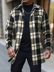 Manfinity Homme 男士格子长袖单排扣休闲长款大衣，秋冬 - 彩色 - 查看 1