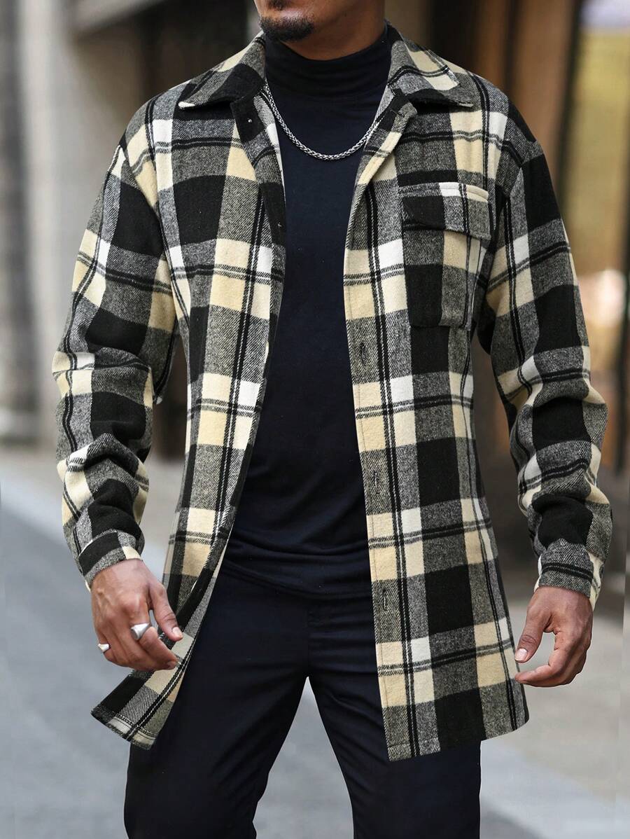Manfinity Homme 男士格子长袖单排扣休闲长款大衣，秋冬 - 彩色 - 查看 1