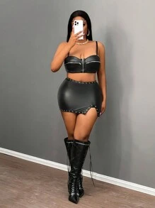 Slaydiva Falda de mujer con leggings internos en negro PU de cintura alta, con decoración de ojales y cinta, estilo casual urbano joven