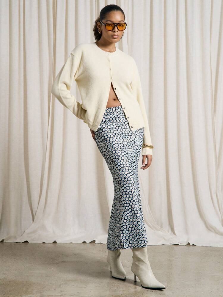 Ditsy Floral Fish-Tail Midi Skirt