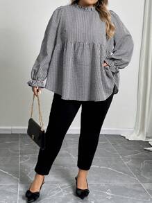 SHEIN CURVE+ Plus Size Autumn Ruffle Trim Plaid Long Sleeve Casual Blouse - Black and White - View 6