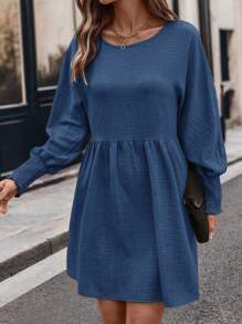 SHEIN LUNE 女士灯笼袖纹理 A 字短裙，卡其色，秋季 - 藍色 - 查看 3