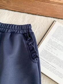 Blossori Young Girls French Elegant Navy Blue Flounce Pocket Loose Knit Sweatshirt & Pants Set, Autumn/Winter - Navy Blue - View 4