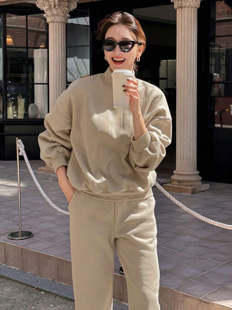 DAZY 2pcs Women Loose Casual Solid Color Stand Collar Drop Shoulder Long Sleeve Sweatshirt And Pants Set, Spring/Fall Tracksuits Women Set Lounge Sets For Women - Khaki - View 4
