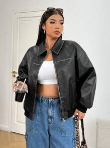SHEIN EZwear 大码做旧渐变色PU皮夹克，带内衬，秋冬款 - 黑色 - 查看 4