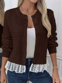 SHEIN Unity Chaqueta de punto casual de mujer con bloqueo de color y encaje, para otoño/invierno - Café integral - Ver 4